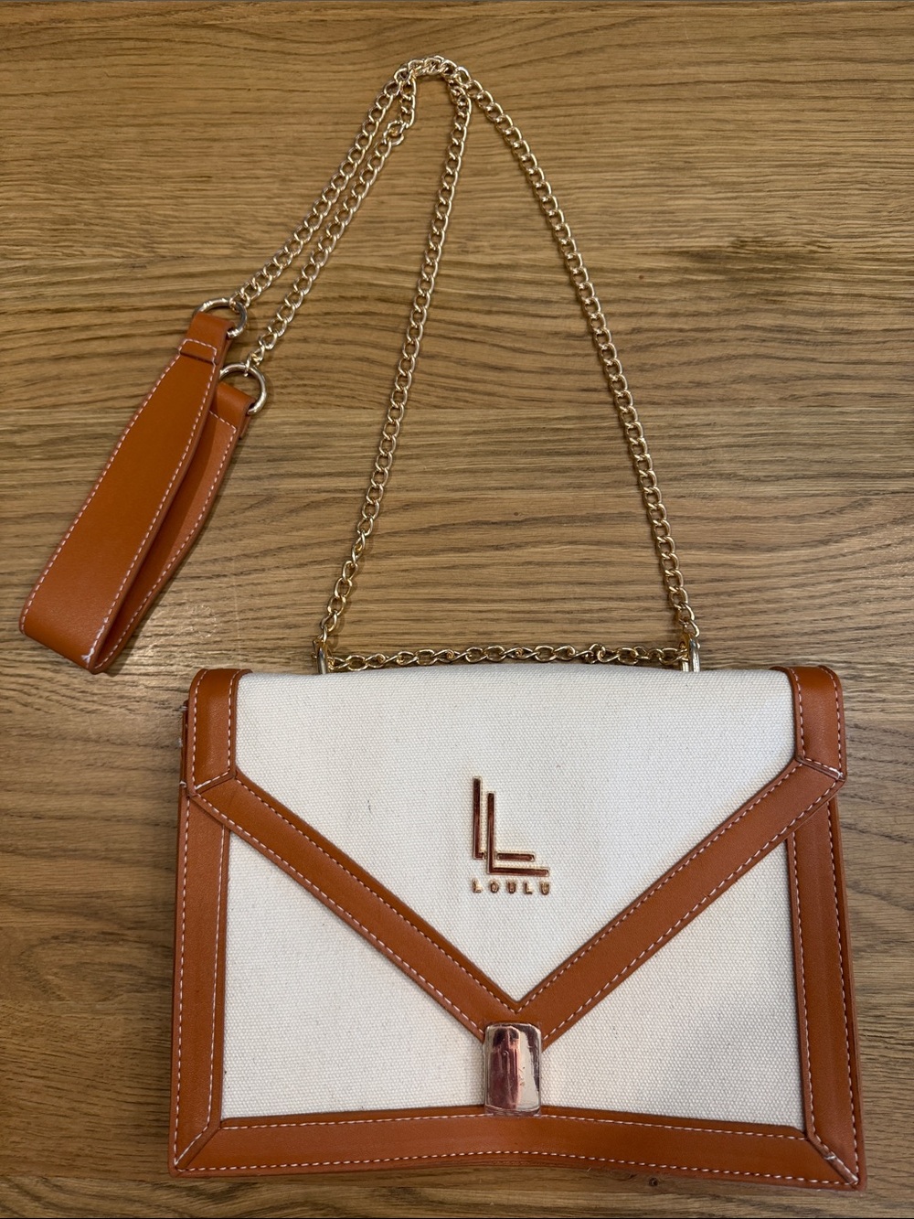 Cream Canvas Faux Leather Crossbody and Gold Chain